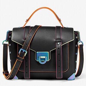 Michael Kors MK manhattan MD Satchel Messenger Xbody Black Leather Handbag Purse